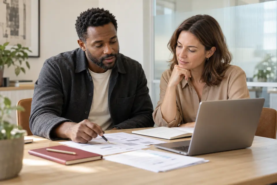 A consultant reviews a project plan and report with a client in an office.